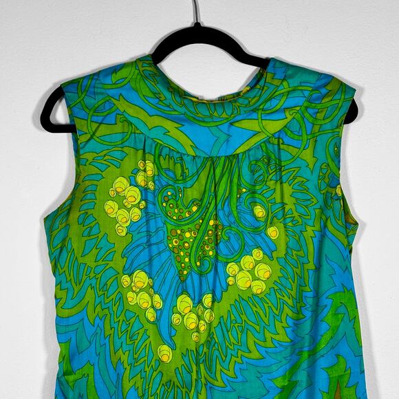 Vintage 1960s Psychedelic Shift Dress Blue Green Yellow Floral Tropical Print - Picture 2 of 16